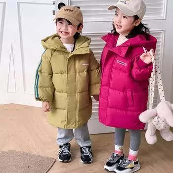 Детская осенне-зимняя куртка из хлопка средней длины для мальчиков и девочек, утепленная куртка с капюшоном для больших детей, хлопковая куртка 100cm чёрный