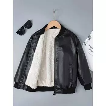 Детская осенне-зимняя куртка из искусственной кожи для мальчиков с флисовой подкладкой и воротником-стойкой на молнии 110 чёрный