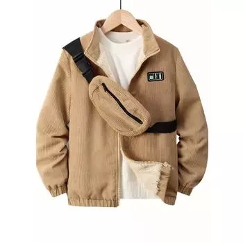 Детская осенне-зимняя повседневная однотонная плюшевая вельветовая куртка с воротником-стойкой, пальто с сумкой 110 хаки