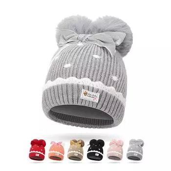 Детская осенне-зимняя шапка для девочек с бантом для волос, теплая вязаная защитная шапка для ушей, детская шерстяная шапка красный