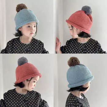 Детская осенне-зимняя шапка, милый пуловер, шапка для мальчиков и девочек, вязаная с комком шерсти, шапка-тыква, шерстяная шапка, защитные уши 50-54cm-average size
