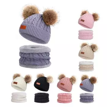 Детская осенне-зимняя вязаная шерстяная шапка с воротником, теплая детская шапка, шарф, перчатки, комплект из трех предметов с бархатом One size светло-розовый