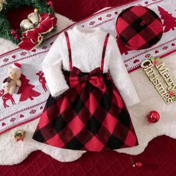 Детская осенняя и зимняя одежда для девочек, рождественское вечернее плюшевое поддельное платье из двух частей, детские платья с шапочкой 2-3Y красный