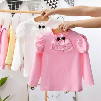 Детская осенняя милая однотонная хлопковая повседневная футболка с высоким воротником и длинными рукавами XXL/120