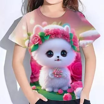Детская осенняя одежда для девочек, 2024 г., кавайная футболка с короткими рукавами и принтом кота, детская футболка с цветочным 3d узором, кавайные футболки 130