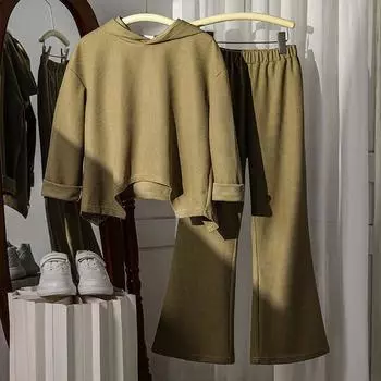 Детская осенняя одежда, новый детский свитер с капюшоном и длинными рукавами для детей 4-14 лет + брюки, костюм из двух частей для мальчиков и девочек 130cm/8Y зелёный