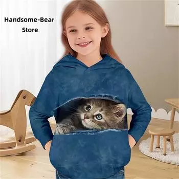 Детская осенняя одежда, толстовки с забавным принтом кота, детская толстовка, модная одежда, детский топ для мальчика, верхняя одежда для детей, топ 100