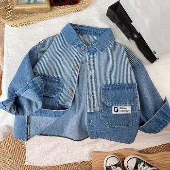 Детская осенняя полосатая джинсовая куртка с лацканами для мальчиков и девочек, хлопковый однобортный топ в стиле пэчворк 120