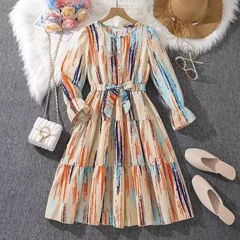 Детская осенняя юбка, новая юбка для маленьких девочек, платье с длинными рукавами и принтом тай-дай для девочек 6–12 лет 130cm/8Y разноцветный