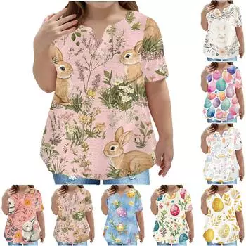 Детская пасхальная футболка, повседневная мода, топ с V-образным вырезом, короткими рукавами и карманами 100 бежевый