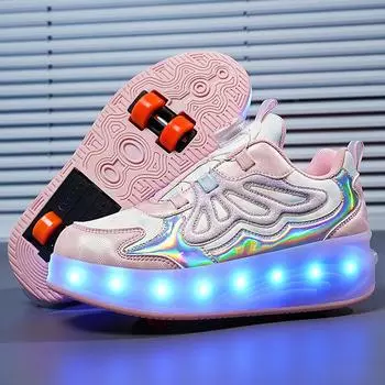 Детская перезаряжаемая двухрядная четырехколесная обувь Rampage с подсветкой, спортивная обувь, обувь для досок 29 розовый