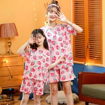 Детская пижама из чистого хлопка, летний комплект с короткими рукавами для девочек, летняя домашняя одежда с героями мультфильмов для родителей и детей 90cm