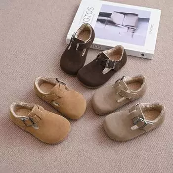 Детская плюшевая кожаная обувь для мальчиков и девочек, повседневная обувь с мягкой подошвой, детская зимняя теплая обувь на плоской подошве, противоскользящая, новинка зимы 2024 года 21 верблюд