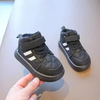 Детская плюшевая обувь для досок, осенне-зимняя нескользящая спортивная обувь для мальчиков, мягкая простая повседневная обувь для маленьких девочек 21 чёрный