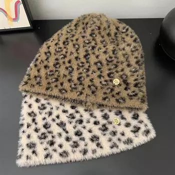 Детская плюшевая шапка-пуловер с леопардовым принтом, осень и зима 2024, новая ретро-теплая и морозостойкая защитная наушник для лица M56-58cm