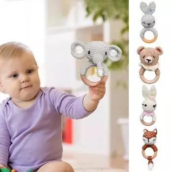 Детская погремушка, мультяшный кролик с деревянной ручкой, милая игрушка, лиса, медведь, слон, вязаная кукла, упражнения для захвата сенсорных ощущений E