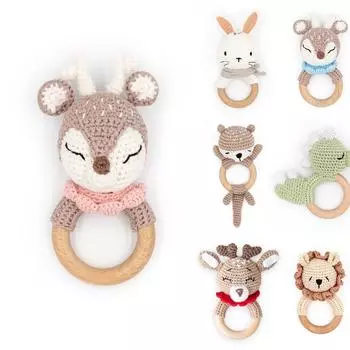 Детская погремушка ручной работы из дерева и шерсти, вязаная крючком, успокаивающая игрушка для прорезывания зубов, ручная погремушка в подарок One Size