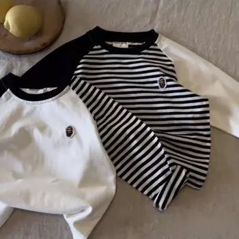 Детская полосатая футболка из чистого хлопка, нижняя рубашка с длинными рукавами, весенний детский топ в корейском стиле с цветными блоками для мальчиков и девочек 80cm