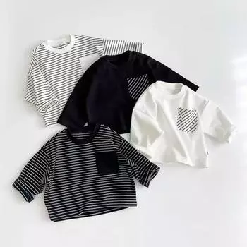 Детская полосатая футболка, модные новые универсальные повседневные свободные футболки с круглым вырезом, новый дизайн, однотонные топы с длинным рукавом 80