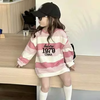 Детская полосатая футболка с вышивкой букв для девочек, свободный детский топ средней длины 140