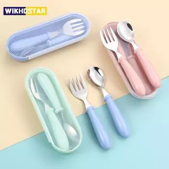 Детская посуда, детская посуда из нержавеющей стали, посуда для малышей, столовые приборы, безопасность для детского питания, ложка для кормления, вилка, кухонные гаджеты зелёный