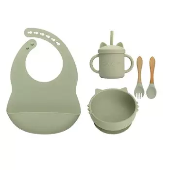 Детская посуда для кормления, Детское питание для прикорма, Пищевой класс, Высокая температура, День рождения ребенка, Соломинка, Набор O-Life, Набор из 5 предметов, Миска, Ложка, Вилка, Нагрудник, Чашка, Слюнявчик, зелёный