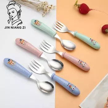 Детская посуда из нержавеющей стали 304, креативная милая детская вилка и ложка, бытовая вилка и ложка для кормления с защитой от ожогов и капель