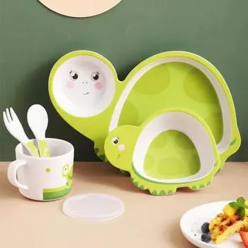 Детская посуда в мультяшной форме, 5 шт./компл., легкая чистка, детская тарелка из бамбукового волокна, чашка для воды, набор ложек и вилок для малышей D