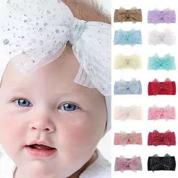 Детская повязка для волос, привлекательная, удобная в ношении, мягкая на ощупь, летняя повязка на голову с бантом для маленьких девочек и сетчатой пряжей с блестками, подарок на день рождения чёрный