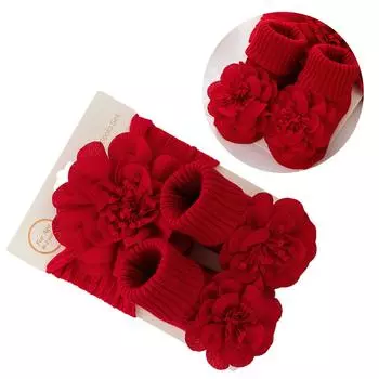 Детская повязка на голову с цветком и комплект носков для малышей 0-1 год, мягкая эластичная жаккардовая повязка на голову, нескользящие носки для пола, детские аксессуары бежевый