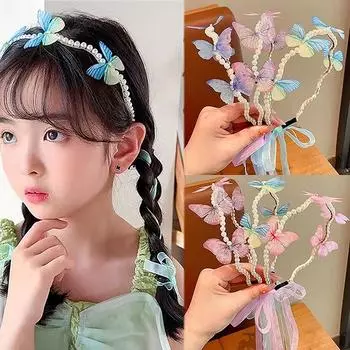 Детская повязка на голову с жемчугом и бабочкой в корейском стиле, повязка на голову с жемчугом, обруч для волос для детей, аксессуары для волос с бантом для девочек A1