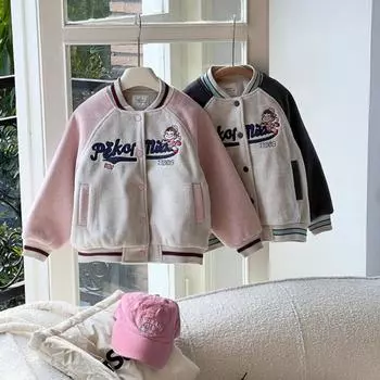 Детская повседневная бейсбольная куртка с хлопковой подкладкой Зимняя куртка для девочек в стиле вестерн с буквами и хлопковой подкладкой Утолщенная куртка 140 розовый