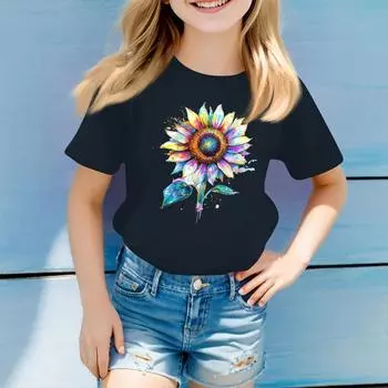 Детская повседневная футболка с круглым вырезом и мелким цветочным принтом, короткий рукав 140 тёмно-синий