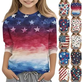 Детская повседневная футболка с круглым вырезом и принтом «День независимости» с рукавами 7 точек 110 бежевый