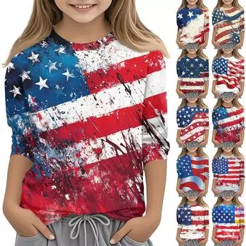 Детская повседневная футболка с круглым вырезом и принтом «День независимости» с рукавами 7 точек 110 бежевый