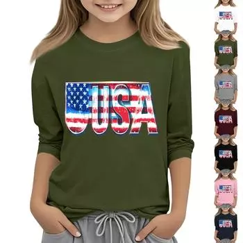 Детская повседневная футболка с круглым вырезом и принтом «День независимости» с рукавом 3/4 110 армия зеленый