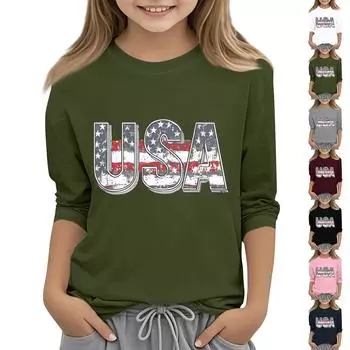 Детская повседневная футболка с круглым вырезом и принтом «День независимости» с рукавом 3/4 110 армия зеленый