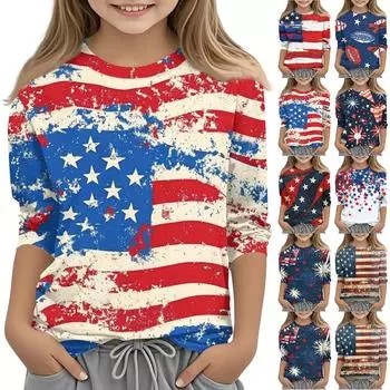 Детская повседневная футболка с круглым вырезом и принтом «День независимости» с рукавами 7 точек 110 бежевый