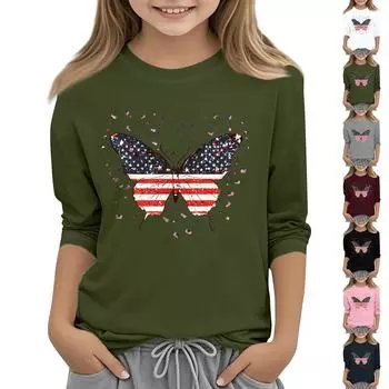 Детская повседневная футболка с круглым вырезом и принтом «День независимости» с рукавом 3/4 140