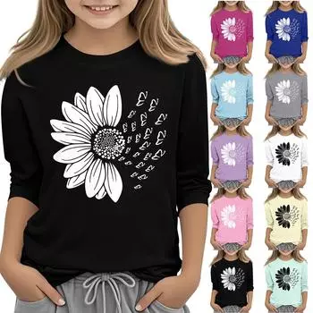 Детская повседневная футболка с круглым вырезом и принтом подсолнечника, рукав 7 точек 110 бежевый