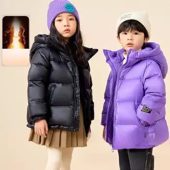 Детская повседневная куртка-пуховик, зимняя, для мальчиков и девочек, модное белое толстое пальто на утином пуху 110cm чёрный