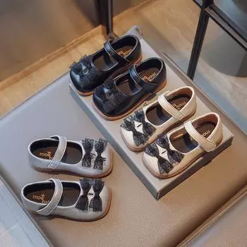 Детская повседневная обувь для девочек, сетчатые мокасины с двойным бантом серебристого цвета, уникальные неглубокие туфли 2024 года, летние туфли с квадратным носком для детей, модные туфли на плоской подошве 22 чёрный