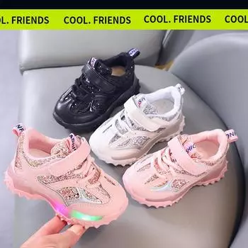 Детская повседневная обувь, модные кроссовки со светодиодной подсветкой для девочек и мальчиков, детская обувь с блестками, нескользящая спортивная обувь на мягкой подошве 21 белый