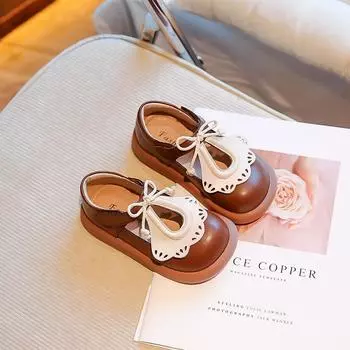 Детская повседневная обувь с кружевным бантом, простая детская обувь с липучкой, нескользящая кожаная обувь для девочек 2024 года, новая коллекция весна-осень, ретро, французский стиль 23 бежевый