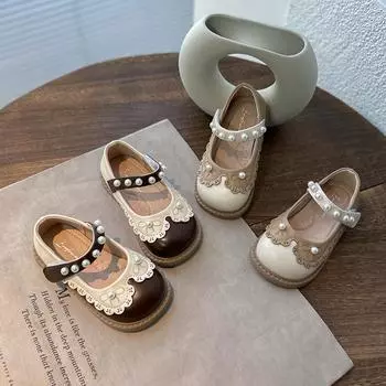 Детская повседневная обувь с кружевом и жемчугом, мелкая обувь Мэри Джейн, модная детская кожаная обувь для девочек, универсальная, милая, шикарная, для вечеринки, свадьбы 22 хаки