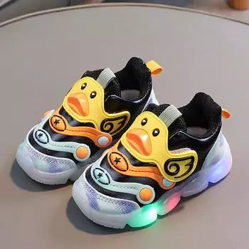 Детская повседневная обувь со светодиодной подсветкой, кроссовки с милой мультяшной уткой, светящаяся обувь из искусственной кожи для малышей, дышащая спортивная обувь для мальчиков и девочек 16 чёрный