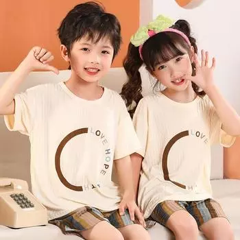 Детская повседневная пижама, летняя, тонкая, для мальчиков и девочек, комплект с короткими рукавами, домашняя одежда 100cm