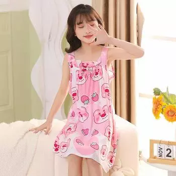 Детская повседневная пижама с лямкой на шее из ледяного шелка, летнее домашнее платье принцессы для девочек 100cm