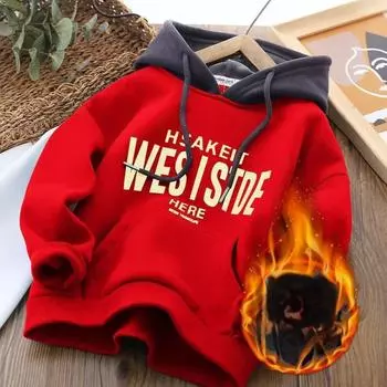 Детская повседневная теплая утолщенная толстовка, топы, толстовки с капюшоном для мальчиков, модная детская одежда с рисунком на осень и зиму 170cm красный