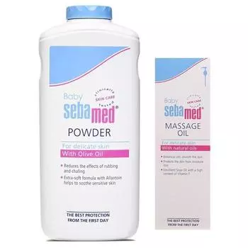 Детская присыпка SebaMed, 200 г, и детское массажное масло, 150 мл, комплект